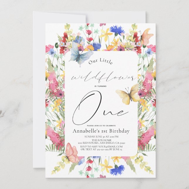 Little Wildflower Butterfly Girl 1st Birthday Invitation (Front)