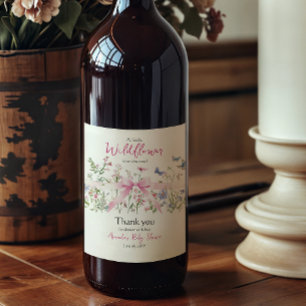 Little Wildflower Floral Girl Pink Bow Baby Shower Wine Label