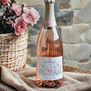 Little Wildflower Floral Pink Bow Girl Baby Shower Sparkling Wine Label