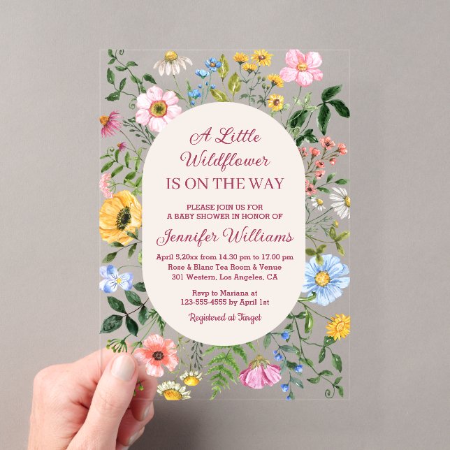 little wildflower, floral red script baby shower acrylic invitations (Insitu (Handheld))