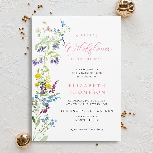 Little Wildflower Garden Pink Girl Baby Shower Invitation (wildflowers baby shower invitation little garden elegant pink watercolor modern calligraphy)