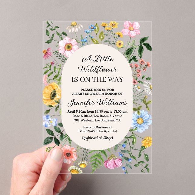 little wildflower on the way, floral baby shower acrylic invitations (Insitu (Handheld))
