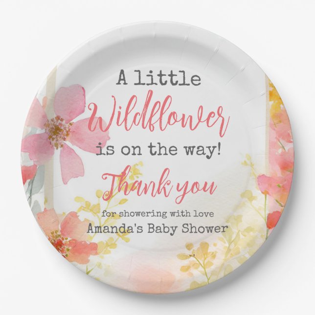 Little Wildflower Peach Flower Floral Baby Shower  Paper Plate (Front)
