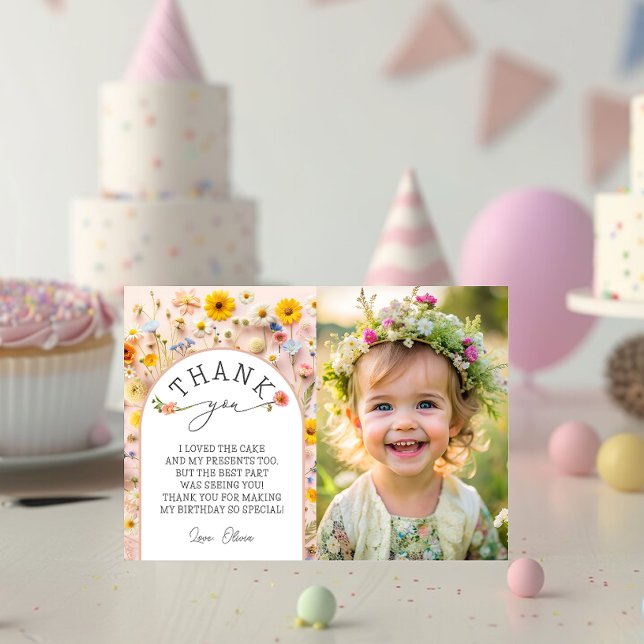 Little Wildflower Photo Birthday Party Thanks Card (Creator Uploaded)