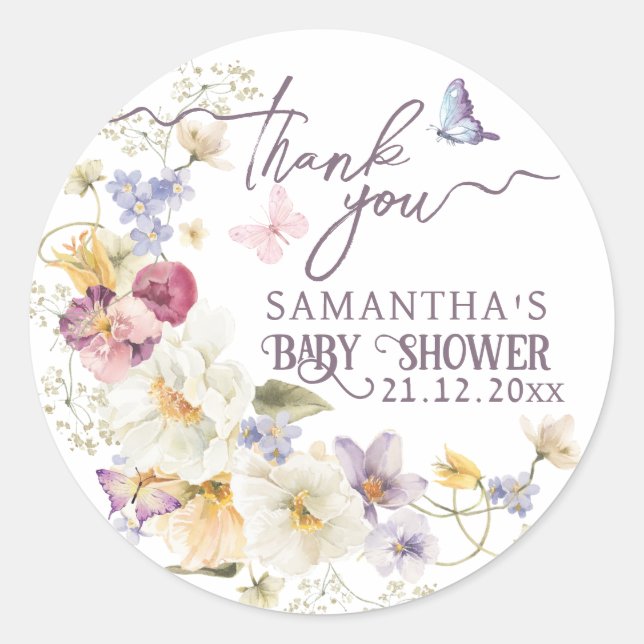 Little Wildflower rustic purple Baby Shower Thank Classic Round Sticker (Front)