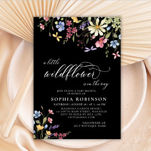 Little Wildflower Script Boho Black Baby Shower Invitation