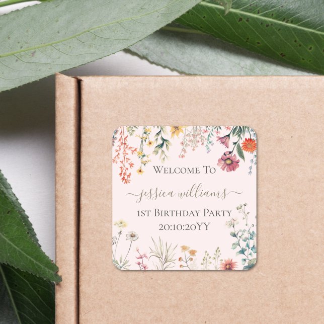 Little Wildflower Turning One Pretty 1st Birthday  Square Sticker (Creator Uploaded)