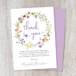 Little Wildflower Watercolor Baby Girl Shower Thank You Card<br><div class="desc">An elegant baby girl shower thank you card featuring "thank you" written in stylish lavender purple script and boho-inspired watercolors of a wreath of purple,  pink,  peach and yellow wildflowers and a purple butterfly. Personalize your thank you message and add your name in a signature-like script.</div>