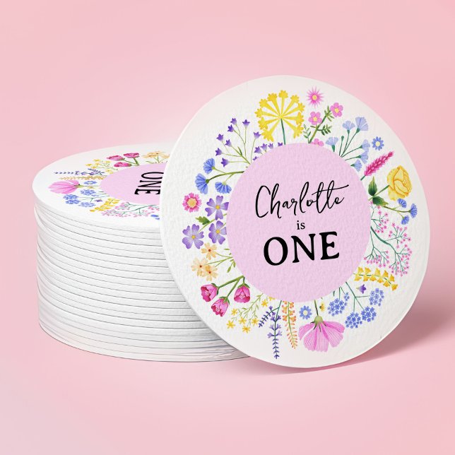 Little Wildflowers Girl's First Birthday Floral Round Paper Coaster (Spring Wildflowers Girl's First Birthday Round Paper Coaster)