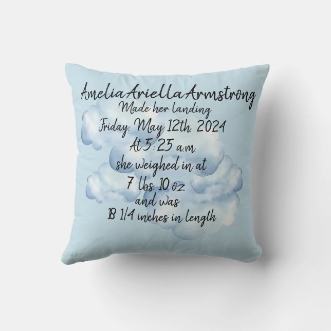 "Little wings..." Custom Birth Announcement Throw Pillow (Back)