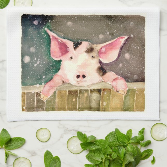 Little Winter Pig Kitchen Towel (Folded)