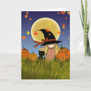 LIttle Witch and Black Cat Halloween Card