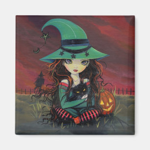 Little Witch and Black Cat Halloween Magnet