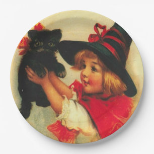 Little Witch and Black Cat Vintage Halloween Paper Plate