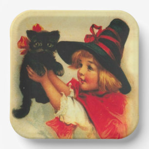 Little Witch and Black Cat Vintage Halloween Paper Plate