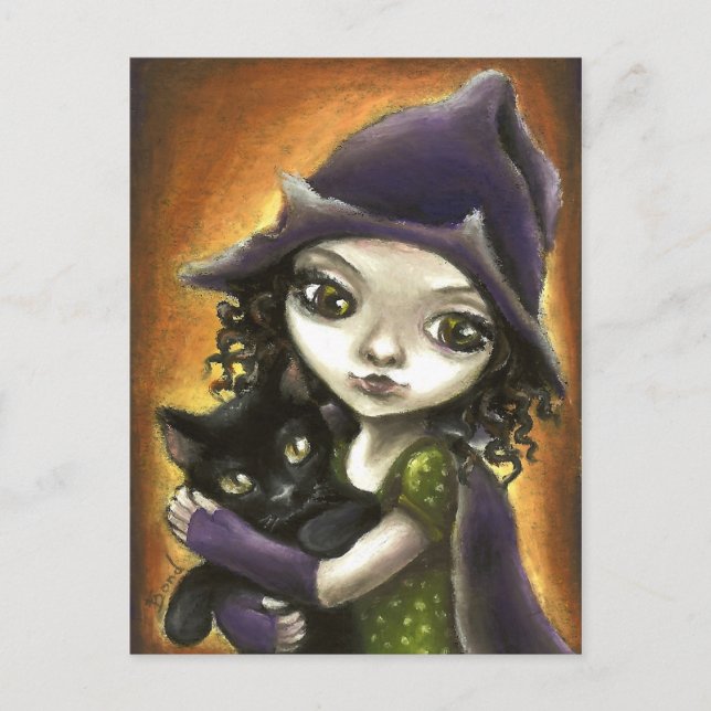 Little witch and black kitten postcard (Front)