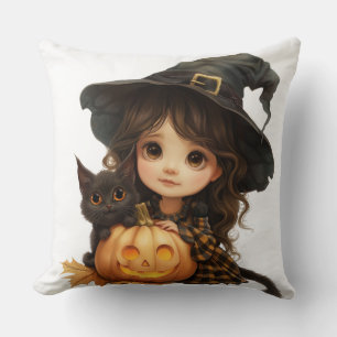 Little Witch and Cat for Kids  Throw Pillow