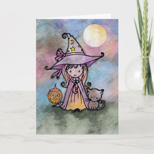Little Witch and Cat Halloween Card (Front)