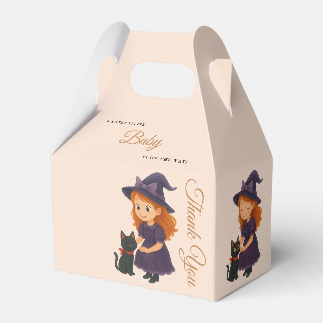 Little Witch & Cat | Halloween Girl Baby Shower Favor Box (Front Side)