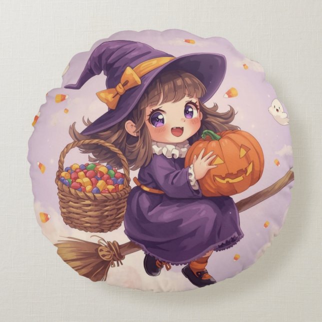 Little Witch Flying with Pumpkin Pillow (Front)