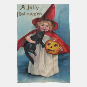 Little Witch Girl With Her Black Cat Kitchen Towel