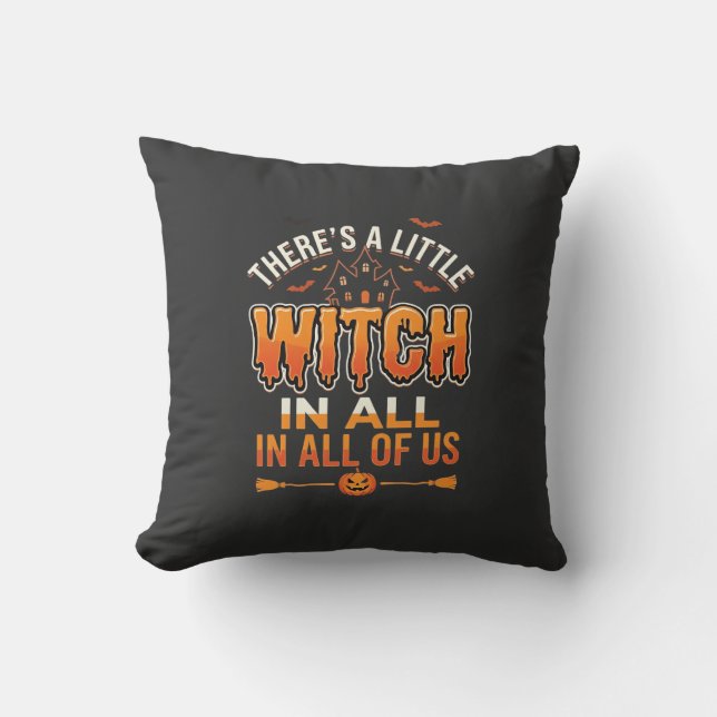 Little Witch Halloween Witch Typography Design_1 Throw Pillow (Front)