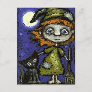 Little witch with black cat postcard
