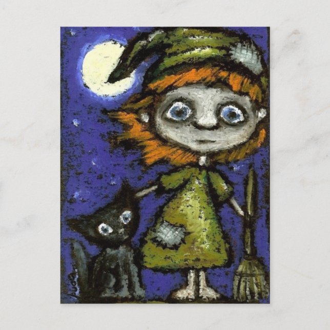 Little witch with black cat postcard (Front)