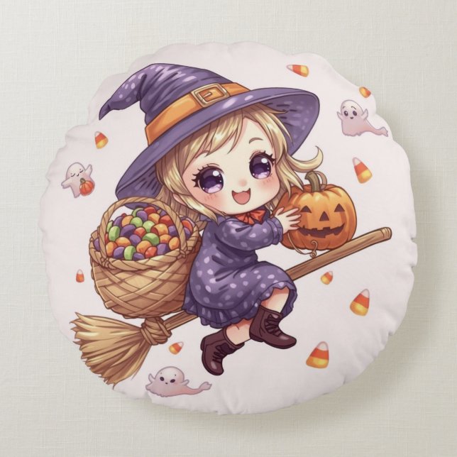 Little Witch with Pumpkin Round Pillow (Front)