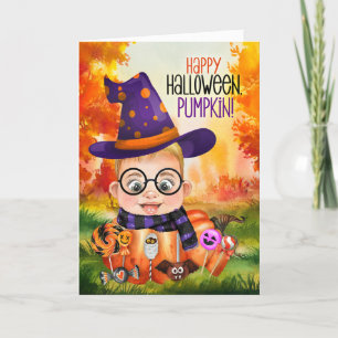 Little Wizard Boy in a Pumpkin Halloween Holiday Card