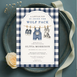 Little Wolf Gingham Clothesline Baby Shower Invitation