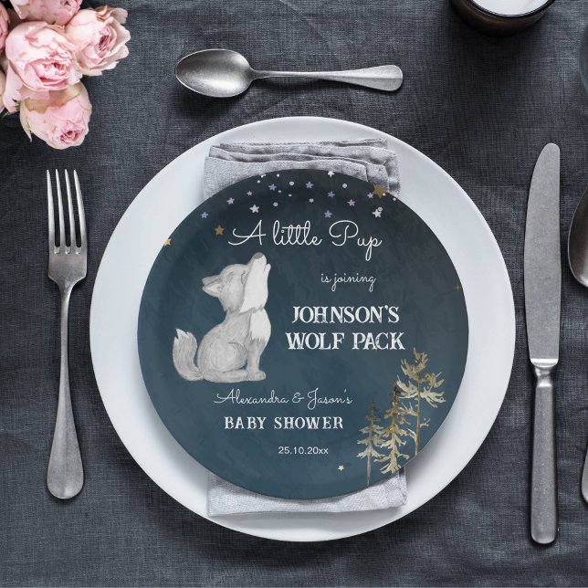 Little wolf themed baby shower tableware paper plate (Wolf themed baby shower tableware personalized plates cute howling wolf cub starry night woodlands)