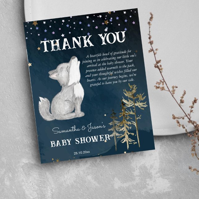 Little wolf themed baby shower thank you card (Wolf themed baby shower thank you card cute howling wolf cub starry night background)