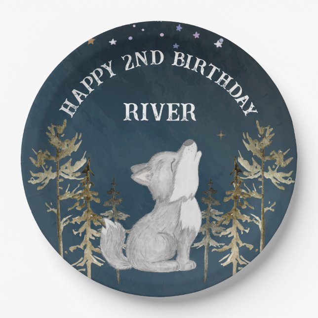 Little wolf themed birthday party printed paper plate (Front)