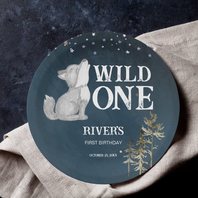 Little wolf themed birthday party wild one paper plate (Wolf pup wild one party paper plates wolf themed party supplies wolf tableware cute howling wolf cub)