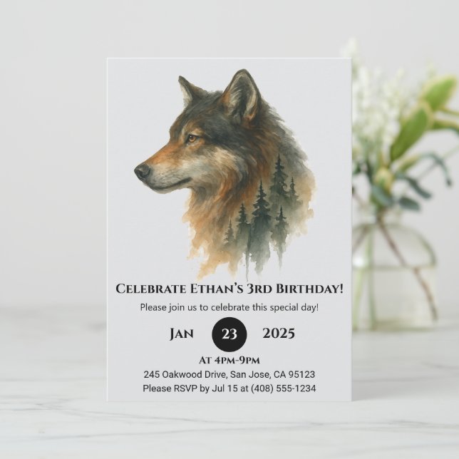 Little Wolf Watercolor Birthday Invitation (Standing Front)