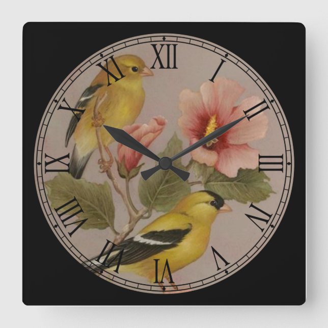 Little Yellow Birds Fine Art Roman Numeral Square Wall Clock (Front)