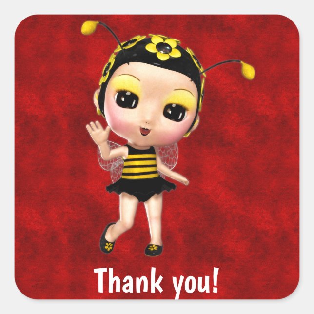 Little Yellow Bumblebee Fairy Doll on Red Velvet Square Sticker (Front)