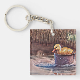 Little Yellow Duckling Playing In Bucket Keychain