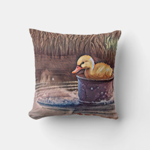 Little Yellow Duckling Playing In Bucket Throw Pillow