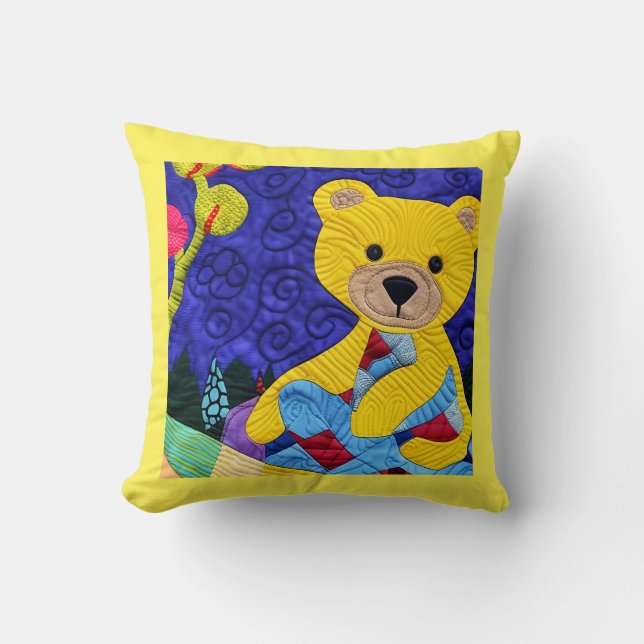 Little Yellow Teddy Bear Quilt Like Design Throw Pillow (Front)