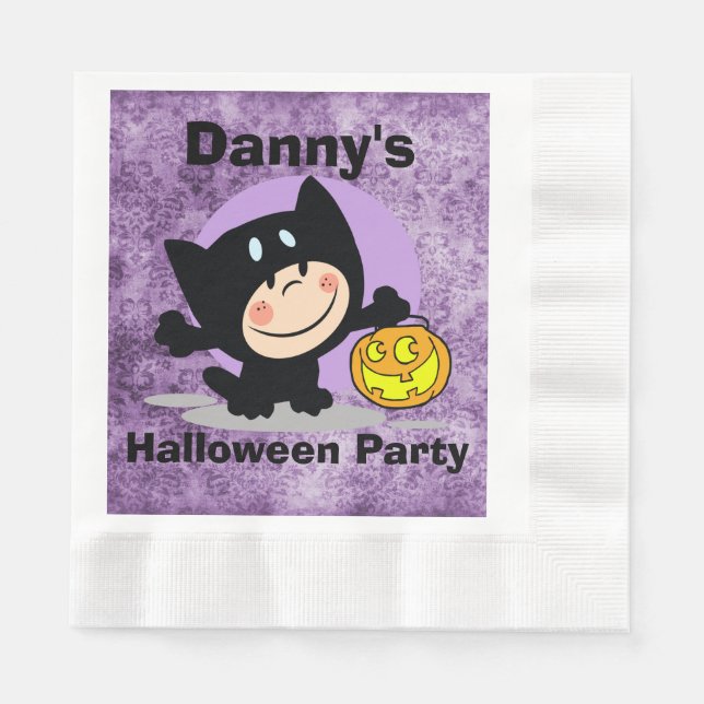 LittleBoy inCostume w/Pumpkin PurpleDamask Napkins (Front)