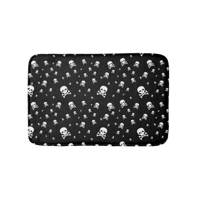 Littles White Pirates Skulls on Black Background Bath Mat (Front)