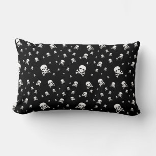 Littles White Pirates Skulls on Black Background Lumbar Pillow