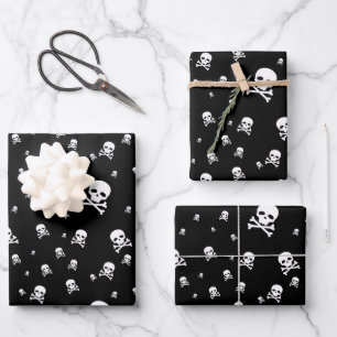 Littles White Pirates Skulls on Black Background Wrapping Paper Sheet