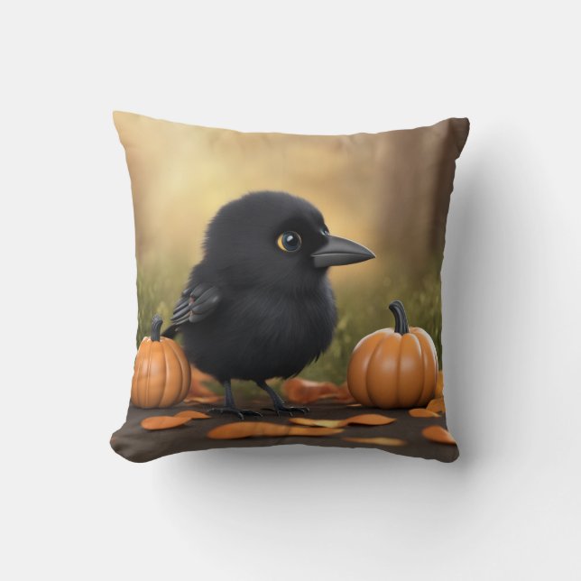 Littlest crow in the Pumpkins  Throw Pillow (Front)