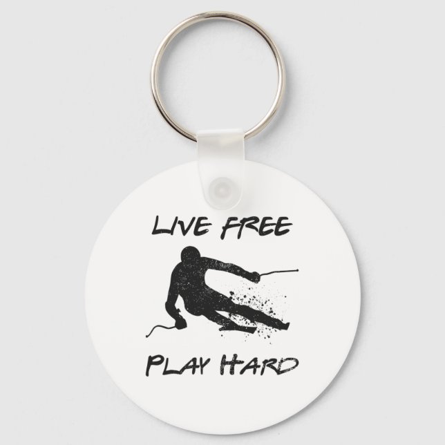 Live Free Play Hard Funny Skiing Lover Quote Skier Keychain (Front)