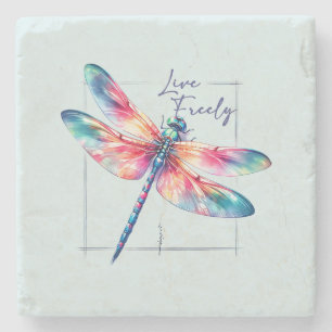 Live Freely - Artistic Dragonfly Stone Coaster