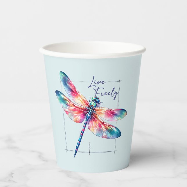 Live Freely - Dragonfly Colourful Inspirational Paper Cups (Front)