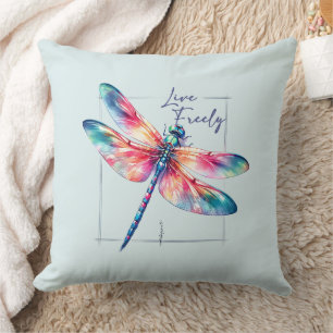 Live Freely - Dragonfly Colourful Inspirational Throw Pillow
